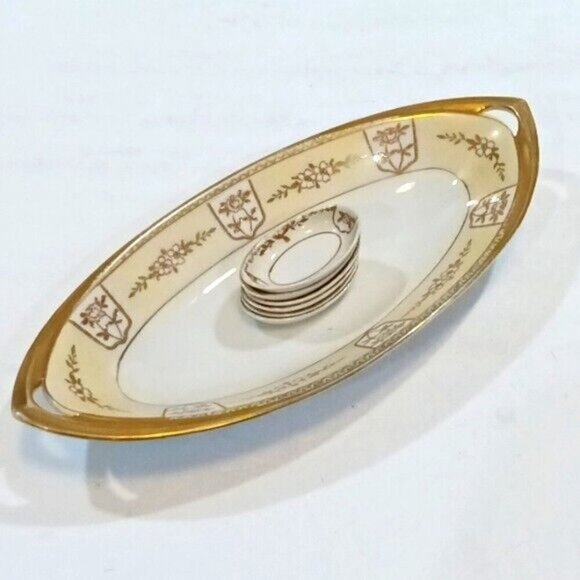 Antique Noritake Porcelain Sushi Serving Dish & Six Matching Sauce Dips/Cellars - Picture 4 of 9